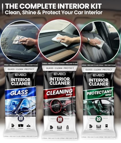 EVEO Car Wipes Interior Cleaning Kit -3-in-1 Car Cleaning Wipes Car Interior Wipes | Interior Car Wipes, Car Cleaning Kit Interior & Exterior - Protectant, Glass and Cleaning All Surfaces (90 Wipes)