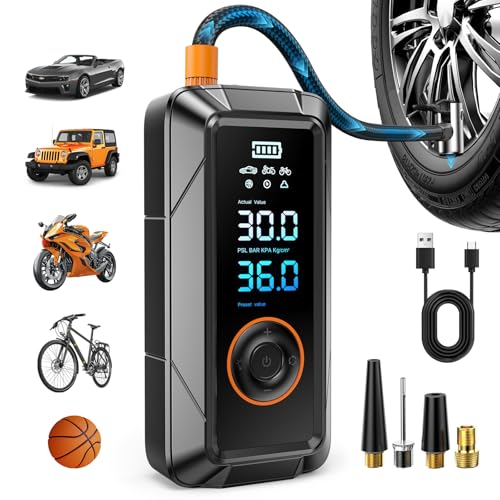 Tire Inflator Portable Air Compressor, Cordless & 12V DC Air Inflator for Car Bikes MotorcycleTires Balls with Auto Shut-Off, Digital Pressure Gauge, Compact Emergency Pump - color: Black