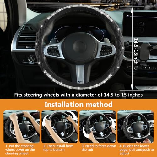 Steering Wheel Cover，with Sparkly Crystal Rhinestone, Delicate and Anti-Slip Bling Steering Wheel Cover ，Adaptable to 14.5-15 inches Car Wheel Protector for Women Girl，Diamond Car Accessories, Black - color: Black