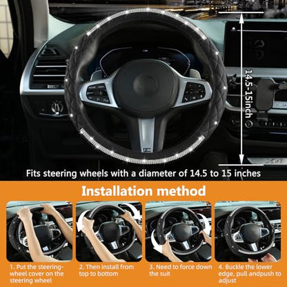 Steering Wheel Cover，with Sparkly Crystal Rhinestone, Delicate and Anti-Slip Bling Steering Wheel Cover ，Adaptable to 14.5-15 inches Car Wheel Protector for Women Girl，Diamond Car Accessories, Black - color: Black