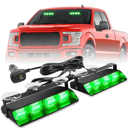 HLauto 2002L Emergency Dash Strobe Lights: Green Safety Lights, Flashing Warning Hazard Windshield Visor Traffic Light Bars for Trucks, Construction Vehicles (2x8.5 inch, 48LED) - color: Green