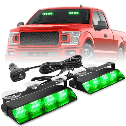 HLauto 2002L Emergency Dash Strobe Lights: Green Safety Lights, Flashing Warning Hazard Windshield Visor Traffic Light Bars for Trucks, Construction Vehicles (2x8.5 inch, 48LED) - color: Green