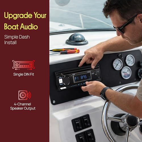 Pyle Marine Radio Stereo Receiver with Bluetooth MP3 Player - Single DIN Boat Audio System, AM/FM Tuner, USB/AUX Input, 30 Preset Stations, Hands-Free Calling, 350 W Power for Marine and Boat Use - size: 350w