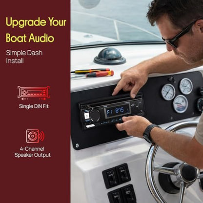 Pyle Marine Radio Stereo Receiver with Bluetooth MP3 Player - Single DIN Boat Audio System, AM/FM Tuner, USB/AUX Input, 30 Preset Stations, Hands-Free Calling, 350 W Power for Marine and Boat Use - size: 350w