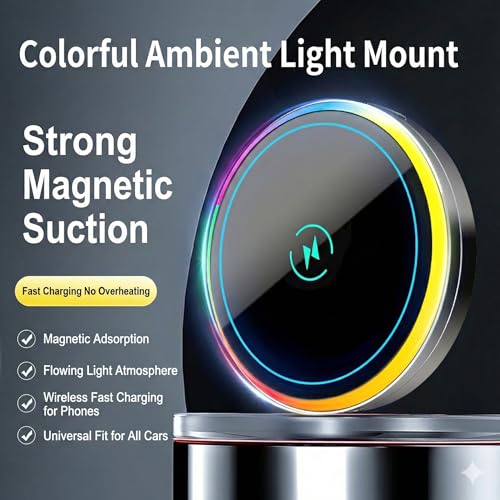 Wireless Car Charger with Semiconductor Cooling, Magnetic Phone Mount for iPhone 17/16/15/14/13 Series, 15W Fast Charging Car Holder with RGB Ambient Light, Auto-Aligning Vent Clip Mount