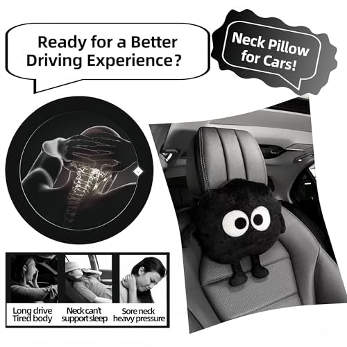 Car Headrest Pillow & Steering Wheel Cover Set with Cute Big-Eyed Furball Travel Neck Support Pillow Fur Car Interior Accessory (Black 3Pcs Set) - color: Black 3pcs Set