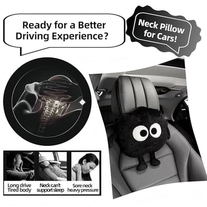 Car Headrest Pillow & Steering Wheel Cover Set with Cute Big-Eyed Furball Travel Neck Support Pillow Fur Car Interior Accessory (Black 3Pcs Set) - color: Black 3pcs Set