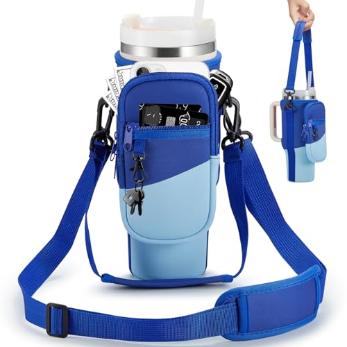 BULKITEM Water Bottle Carrier Bag with Phone Pocket for Stanley 40 & 30 oz Tumbler with Handle,Pink Insulated Neoprene Cup Holder Pouch w/Adjustable Strap for Quencher H2.0 Stanley Cup Accessories - color: Gradient Blue, size: 40oz