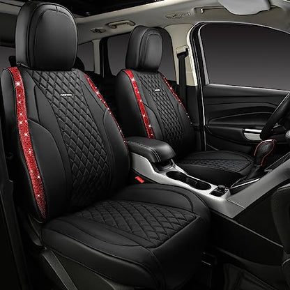 CAR PASS Nappa Leather Bling Diamond Black Red Seat Covers Full Set, Waterproof Calfskin Heavy-Duty Anti-Slip, Universal Fit for 95% Auto SUV Sedan Truck, Glitter Sparkle Shining (Red Rhinestone) - color: Black and Red Diamond, size: Full Set