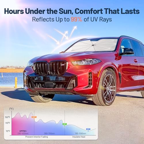 [2026 Upgraded] Windshield Sun Shade Umbrella, Front Window Sunshade with Thermo Shield Fabric, Foldable Car Sun Visor for Heat Reduction and Interior Protection (X-Large-63 L x 30" W) - size: X-Large