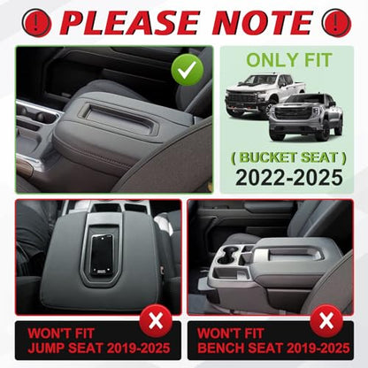 Muslogy Center Console Armrest Cover Fit for Chevy Silverado & GMC Sierra 1500 2500 3500 2022-2026 Accessories, Comfort Armrest Pad Console Lid Cushion Vegan Leather 1-Inch Extra Thick(Bucket Seat) - size: 1) 22-25 |Silverado & Sierra| Bucket Seat, +Thick