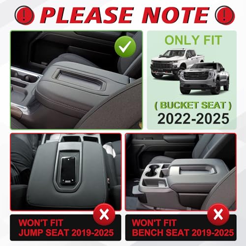 Muslogy Center Console Armrest Cover Fit for Chevy Silverado & GMC Sierra 1500 2500 3500 2022-2026 Accessories, Comfort Armrest Pad Console Lid Cushion Vegan Leather 1-Inch Extra Thick(Bucket Seat) - size: 1) 22-25 |Silverado & Sierra| Bucket Seat, +Thick