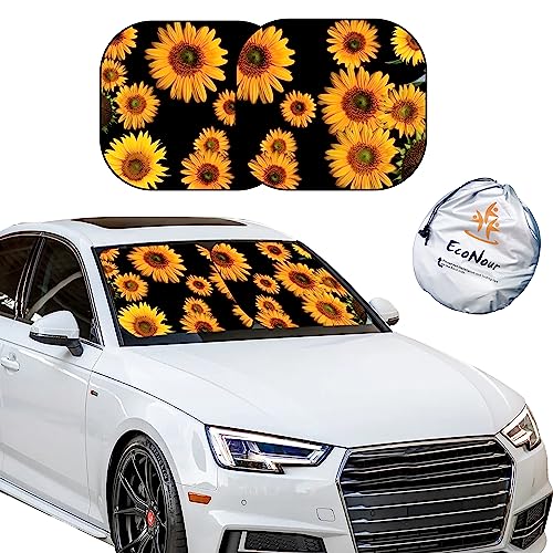 EcoNour Windshield Sun Shade 2 Piece Size (31L x 28W) Inches Medium, Sunflower Car Sunshade Foldable Design, 240T Polyester Front Window UV Protection Heat Block Interior Cover - size: Medium-flower