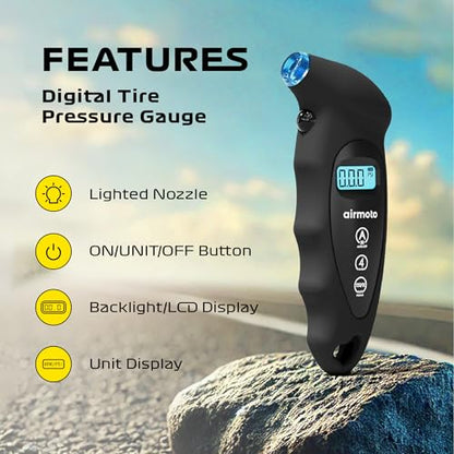 Airmoto Digital Tire Pressure Gauge 0-150PSI (Accurate in 0.1 Increments) - Heavy Duty Tire Pressure Gauge for Car, Bike, Motorcycle, Truck with Backlight LCD, Car Accessories, Black