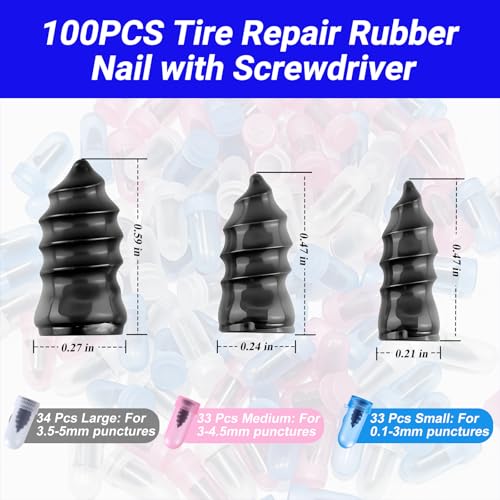 100PCS Tire Repair Rubber Nail Kit, Premium Spiral Screw-in Tire Plugs with 3 Sizes, Emergency Roadside Flat Tire Fix Tool for Car Truck Motorcycle Tractor ATV SUV (100PCS + Screwdriver) - size: 100pcs + Screwdriver
