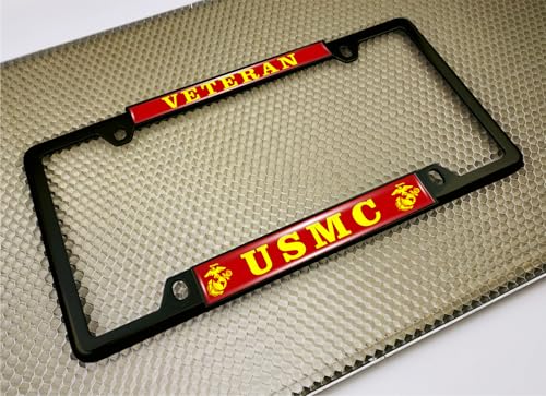 [Officially Licensed US Marine Corps Product] - Veteran USMC with EGA Emblem - Domed Custom-Made Personalized Thin Top 4-Hole Metal Car License Plate Frame with Free caps - Black Frame (Qty: 1) - color: Black - Style 2
