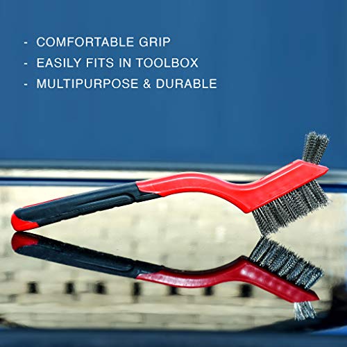 Lavaxon Wire Brush Set 3Pcs - Nylon/Brass/Stainless Steel Bristles with Curved Handle Grip for Rust, Dirt & Paint Scrubbing with Deep Cleaning – 7 Inches (Red) - color: Red