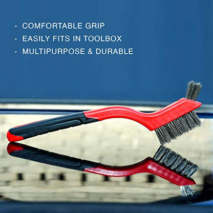 Lavaxon Wire Brush Set 3Pcs - Nylon/Brass/Stainless Steel Bristles with Curved Handle Grip for Rust, Dirt & Paint Scrubbing with Deep Cleaning – 7 Inches (Red) - color: Red