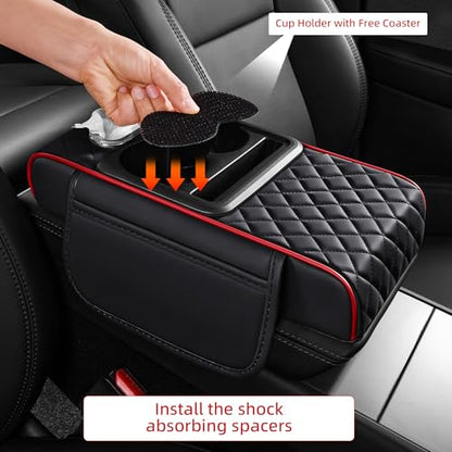 5 in 1 Car Center Console Cover, Armrest Pad with 2 Storage Pockets, Cup Holder, Tissue Box Slot, Phone Holder, Universal Car Interior Organizer (Black with Red Stitching) - color: Black with Red Stitching