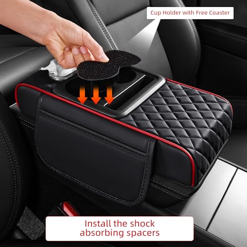 5 in 1 Car Center Console Cover, Armrest Pad with 2 Storage Pockets, Cup Holder, Tissue Box Slot, Phone Holder, Universal Car Interior Organizer (Black with Red Stitching) - color: Black with Red Stitching