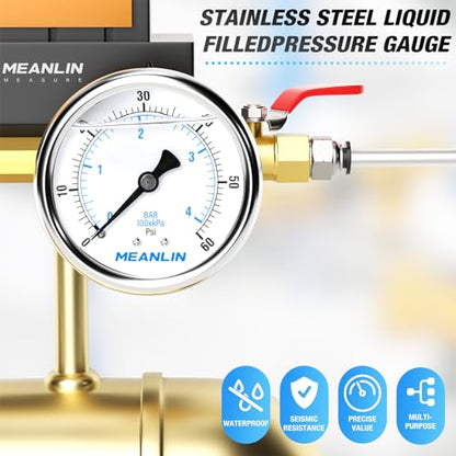MEANLIN MEASURE 0~60Psi Stainless Steel 1/4" NPT 2.5" FACE DIAL Liquid Filled Pressure Gauge, Pool Sand Filter Pressure Test Center Back Mount, with 1/2" NPT and 3/8" NPT Hex Bushing - size: 0-60Psi