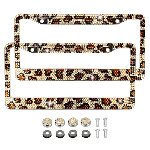 Leopard License Plate Frame 2 Pcs, Stylish Handcraft Rhinestone Diamond & Aluminum Chrome Body, Standard Durable Bling License Plate Frames Covers for Women, 4 Crystal Caps with Screw
