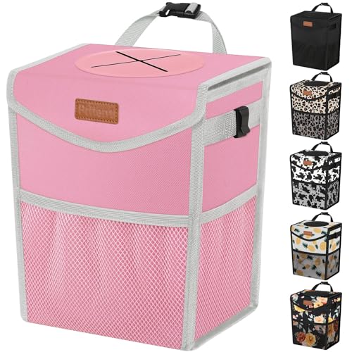 Pritent Car Trash Can with Lid, Cute Leakproof Car Trash Garbage Bag Hanging Vehicle Trash Bin Small Portable Automotive Garbage Cans Organizer for Back/Front Seat(Trapezoid,Pink - color: Pink, size: 2 Gallons