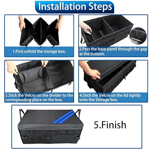 YOSRTER Car Trunk Organizer for Dodge Charger Durango Challenger Ram Collapsible Storage Box with Handle Foldable Lid Non Slip Bottom 2 Compartment Sturdy Base Panel Blue Trim - color: Blue Trim