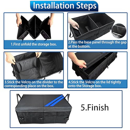 YOSRTER Car Trunk Organizer for Dodge Charger Durango Challenger Ram Collapsible Storage Box with Handle Foldable Lid Non Slip Bottom 2 Compartment Sturdy Base Panel Blue Trim - color: Blue Trim