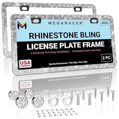 Dazzling Bling License Plate Frames for Women - 2 Pack, 1600 Premium Rhinestones, Rust-Free Stainless Steel, Street Legal Slim Design, Sparkly Diamond Car Tag Holders with Glitter Crystal Screw Caps - color: Clear, size: 2 Piece