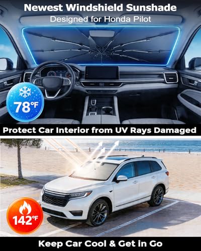 DMJN Umbrella Windshield Sun Shade for Honda Pilot (2016-2026), Car Sunshade for Front Windshield [Nano Ice-Crystal Coatings] UPF50+ Heat & UV Block, Protect Interior & Keep Cooler - size: For | Honda Pilot (2016-2026)
