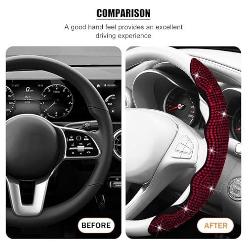 Bling Car Steering Wheel Cover, Rhinestones Non-Slip 15 Inches Vehicle Wheel Cover, Diamond Sparkling Steering Protector for Women Girls, Universal Automotive Accessories (Red) - color: Red