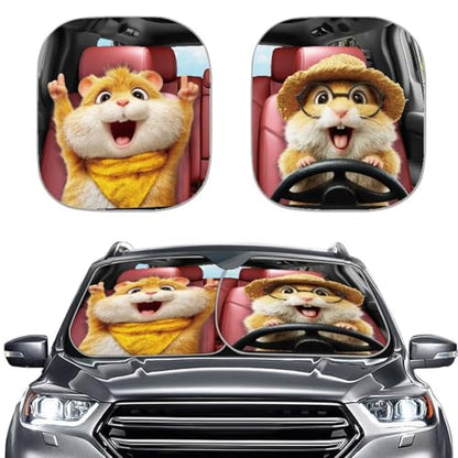2 PCS Car Windshield Sun Shade Hamster Foldable Sun Shield for Front Window Blocks UV Rays and Keeps Your Vehicle Cool, Auto Sunshade for Car Truck SUV - color: Hamster