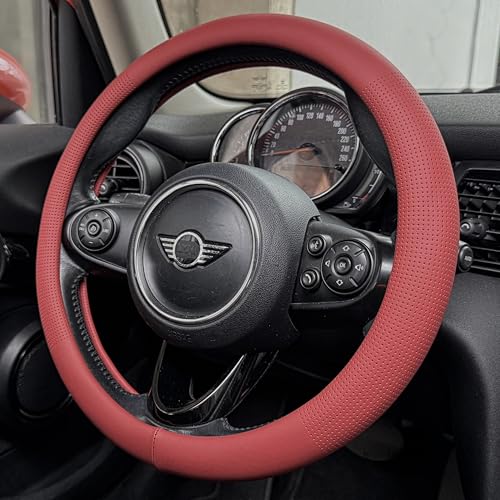 PINCTROT Nappa Leather Steering Wheel Cover, Slim Fit No Bulk Design, One Piece Leather with Breathable Perforation, Fit Like Gloves, Universal 14.5-15 Inch(Nappa Rust Red) - color: 02.Rust Red, size: Medium(Standard) Size[14 1/2''-15'']