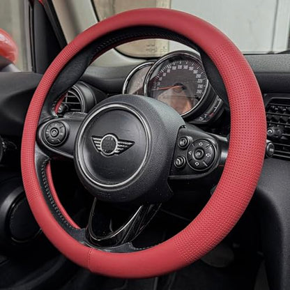PINCTROT Large Size Nappa Leather Steering Wheel Cover, Slim Fit No Bulk Design, One Piece Leather with Breathable Perforation, Fit Like Gloves, 15.5-15.75 Inch(Nappa Rust Red) - color: 02.Rust Red, size: Large Size[15 1/2''-15 3/4'']