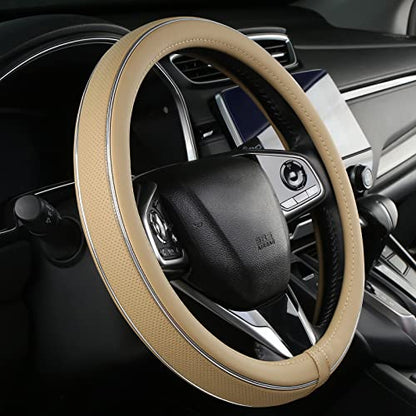 ALEMODR Buff Leather Steering Wheel Cover Fiber Strip Car Steering Wheel Cover Universal 15 inch - color: Buff