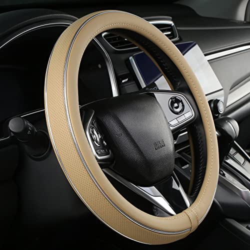 ALEMODR Buff Leather Steering Wheel Cover Fiber Strip Car Steering Wheel Cover Universal 15 inch - color: Buff