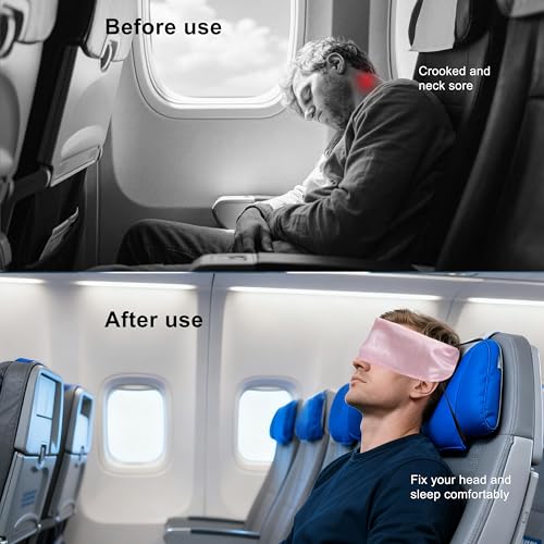 Travel Pillows for Airplanes, 2 Pack Airplane Head Strap with Silk Eye Mask for Sleeping, Long Flights & Car Road Trips 360°Headrest Neck Support, Stops Bobbing, Small & Compact (Pink+Black) - color: Pink+black