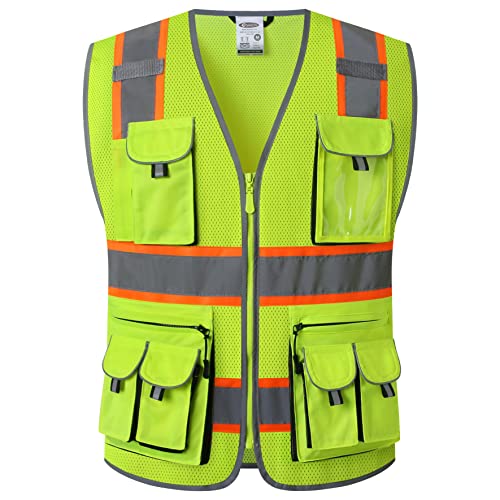 JKSafety 10 Pockets Hi-Vis Neon Color Frontal Zipper Mesh Safety Vest for Men Women Safety Utility for works Comply to ANSI/ISEA Class 2 (86-Yellow L) - color: Jk086-yellow, size: Large