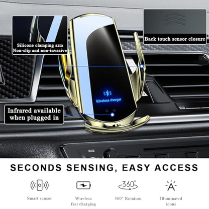 Wireless Car Charger, 15W Fast Charging Air Vent Mount Auto-Clamping Phone Holder, Automotive Electric Induction Charger 360° Rotating Magnetic Vent Mount Bracket for Smartphones (Golden) - color: Golden