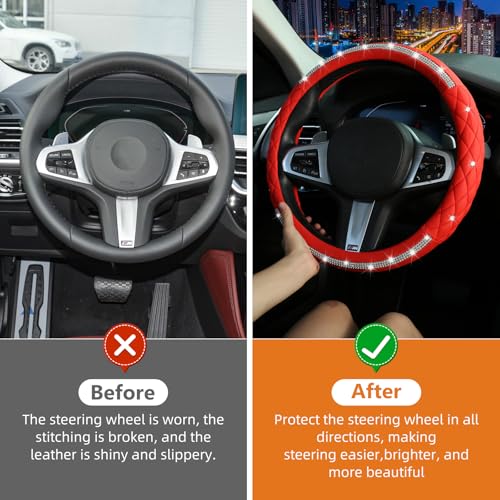Diamond Steering Wheel Cover，with Bling Crystal Rhinestone, Delicate and Anti-Slip Sparkly Steering Wheel Cover ，Adaptable to 14.5-15 inches Car Wheel Protector for Women Girl，Car Accessories, Red - color: Red