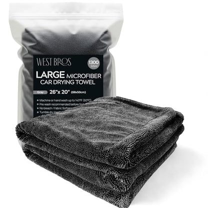 Large Car Drying Towel, 1300 GSM Professional Car Towel with Double Twisted Loop,Super Absorbent Large Microfiber Drying Towels for Cars, Trucks, SUVs - 20"x26", Gray - color: Gray