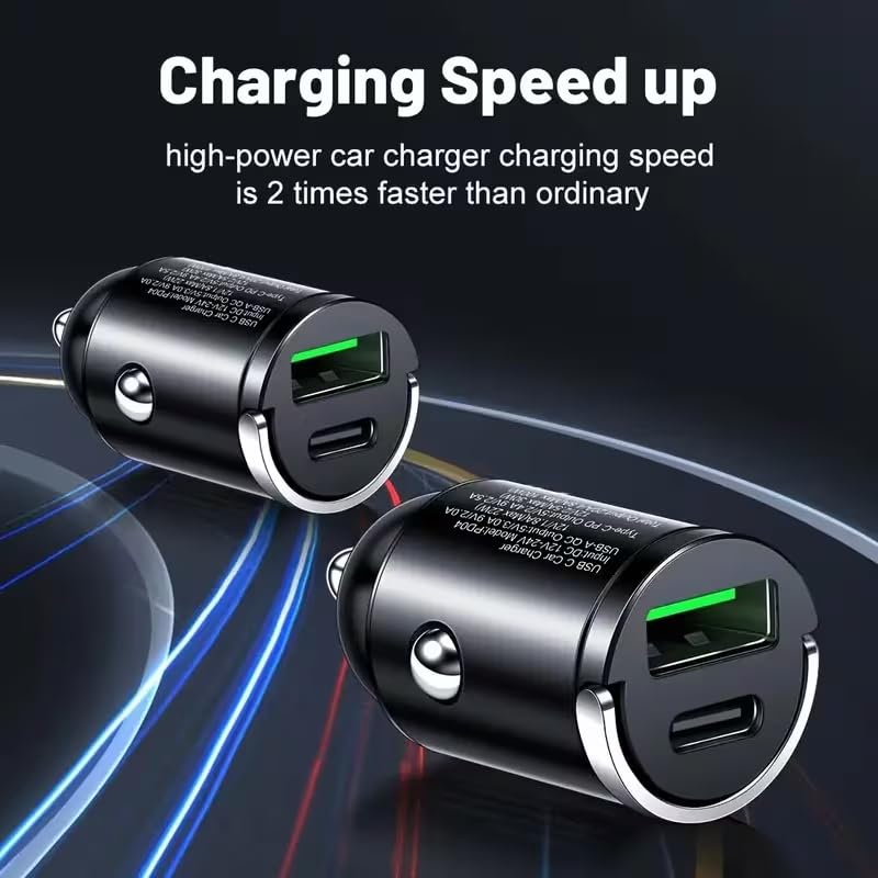 66W Car Fast Charger Dual USB-A USB-C Mini Metal Ring Design Stable Power Protection for Smartphones GPS Tachographs, Black - color: Black