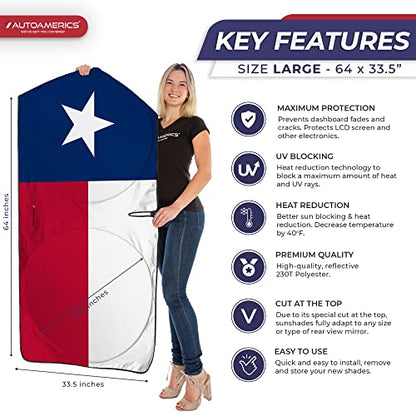 Autoamerics 1-Piece Windshield Sun Shade American Texas Flag USA Patriotic Design - Foldable Car Front Window Sunshade for Sedans SUV Truck - Blocks Max UV Rays and Keeps Your Vehicle Cool - Large - color: USA TEXAS FLAG, size: LARGE = 64 x 33.5 inches