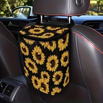 Road Trip Trash Can – Leakproof 5L Collapsible Car Garbage Bin with Lid & Pockets | SUV, Truck & Vehicle Organizer (Romantic Sunflowers)
