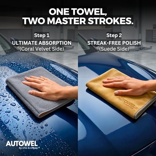 2-Step Car Drying System – Streak-Free Premium Microfiber Towels (2-Pack), 500 GSM Ultra Absorbent Coral Velvet & Suede Design – Scratch-Free Large Auto Detailing Cloth, Fast Drying, 12”x24”