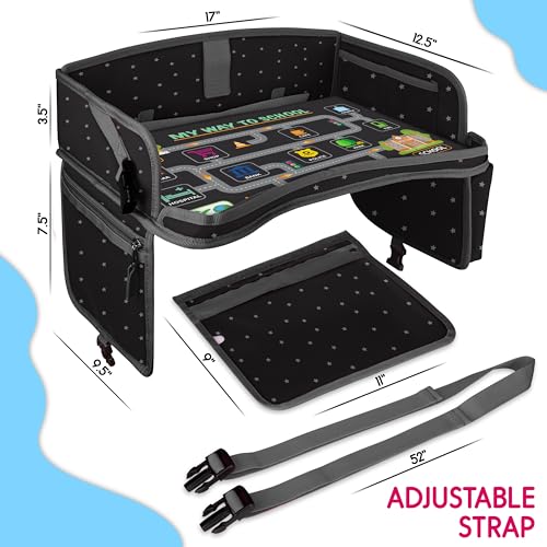 Kids Travel Tray - Waterproof Lap Table with No-Drop Large Tablet Holder - Car Seat Tray - Road Trip Essentials Kids - Car Desk Organizer for Airplane - Toddler Travel Essentials - color: PREMIUM BLACK