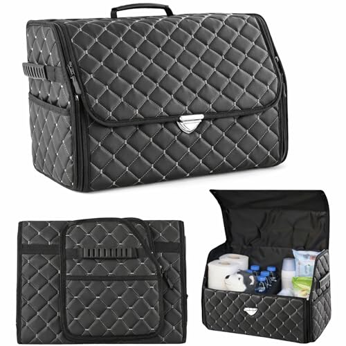 Leather Trunk Organizer with Lid for Suv and more, Foldable Car Organizer, Car Organizers and Storage with Pockets, Non-Slip Design (White-Black) - color: White-Black