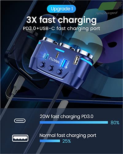 YANTU QC3.0&PD 40W Cigarette Lighter Adapter, 3-Socket 140W Cigarette Lighter Splitter with 12v USB Outlet,Car Charger Adapter with Double/Dual/USB C Charger Multi Port/Plug Outlet for Car Devices - color: B39-120W-blue