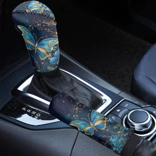 KEIAHUAN Blue Butterfly Handbrake Cover Gear Shift Knob Cover Set Interior Decoration Accessories Non Slip & Comfort Universal Dustproof Auto Case Sleeve - color: Blue Butterfly